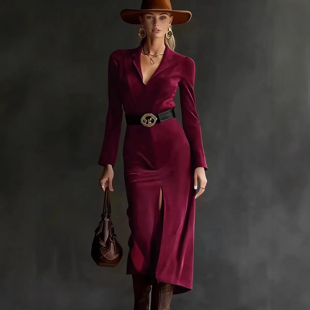Brown Suede Lapel Long Sleeve Midi Dress With Belt