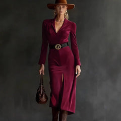 Brown Suede Lapel Long Sleeve Midi Dress With Belt
