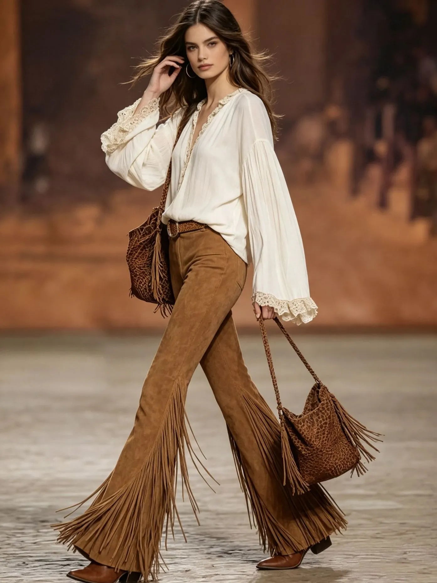 Boho Western Fringed Flared Pants, High Waist Faux Suede Tassel Bell Bottoms