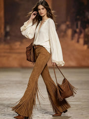 Boho Western Fringed Flared Pants, High Waist Faux Suede Tassel Bell Bottoms