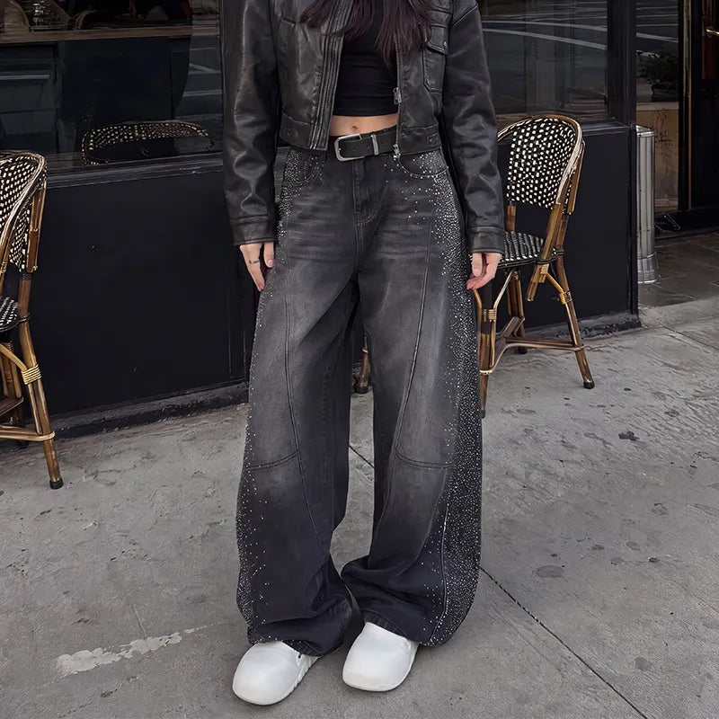 High Waist Rhinestone Spliced Loose Jeans