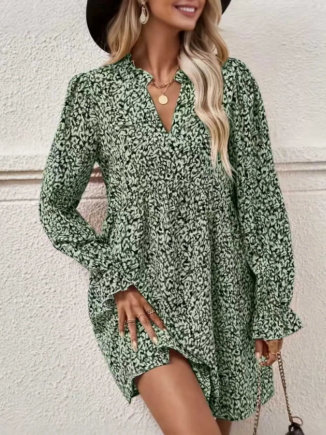 Abstract Print V Neck Long Sleeve Pleated A-Line Mini Dress