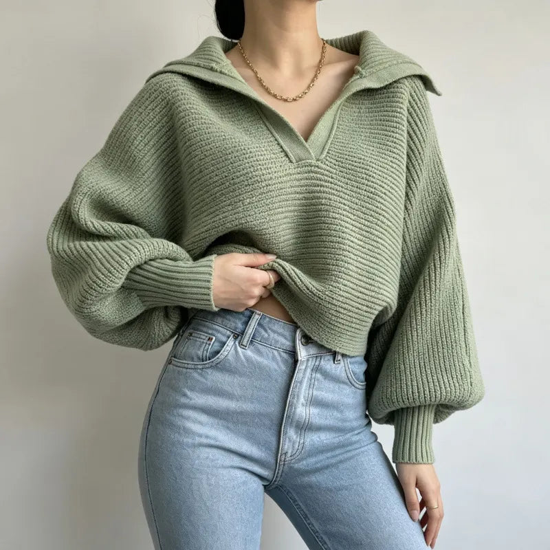 Trendy Wide Collar V Neck Cropped Chunky Knit Pullover Balloon Sleeve Sweater
