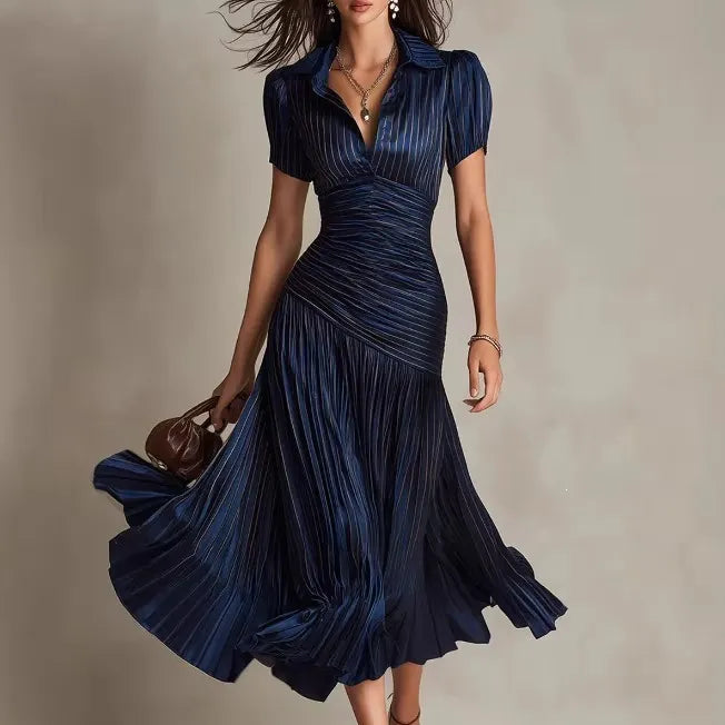 Lapel High Waist Pull Pleat A-Line Satin Midi Dress