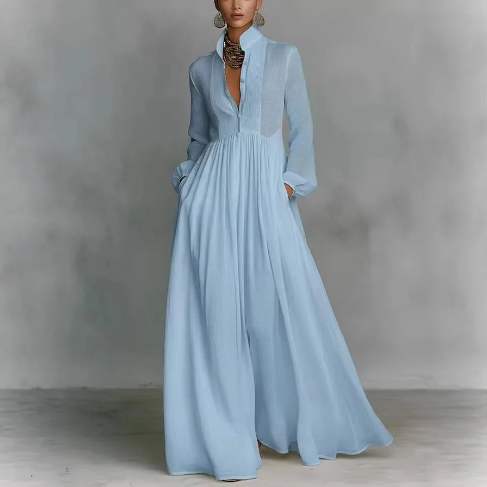 White Stand Collar Pleated Long Sleeve Maxi Shirt Dress