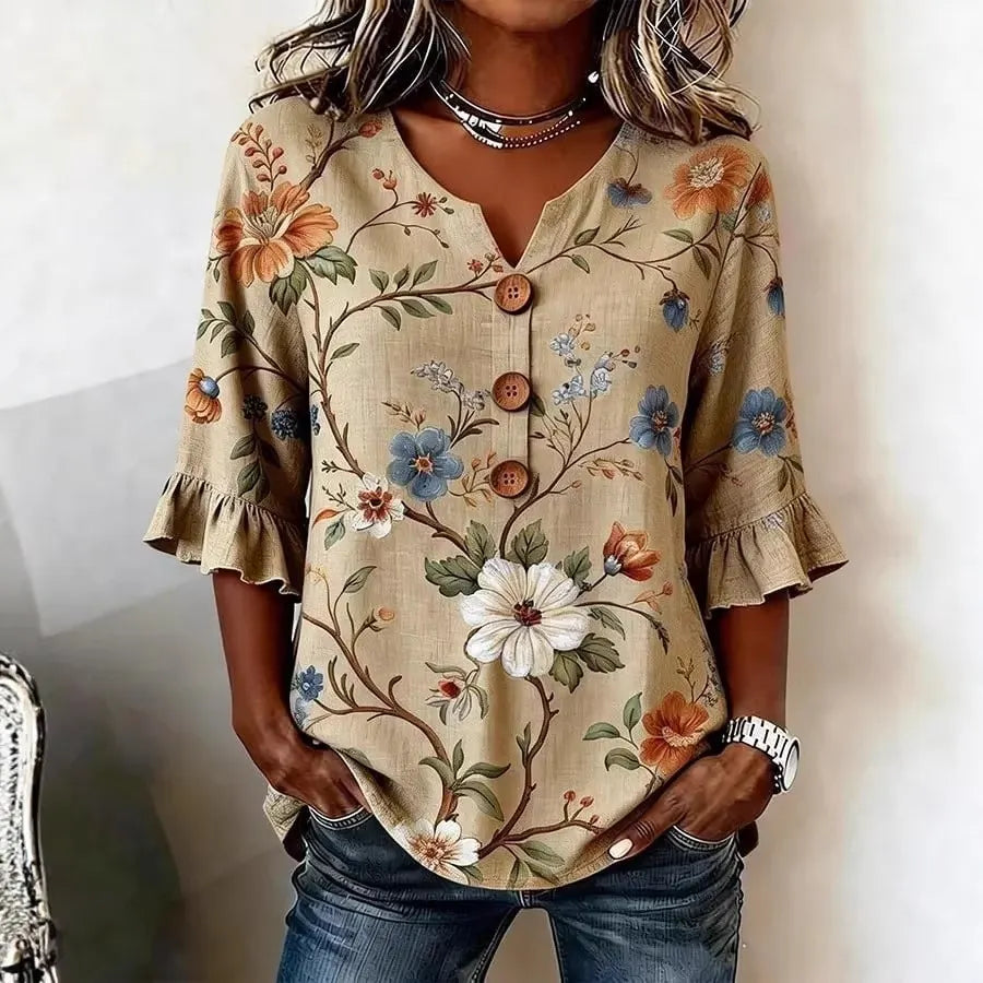 Round Neck Floral Printed Single Breasted 3/4 Ruffle Sleeve Loose Blouse