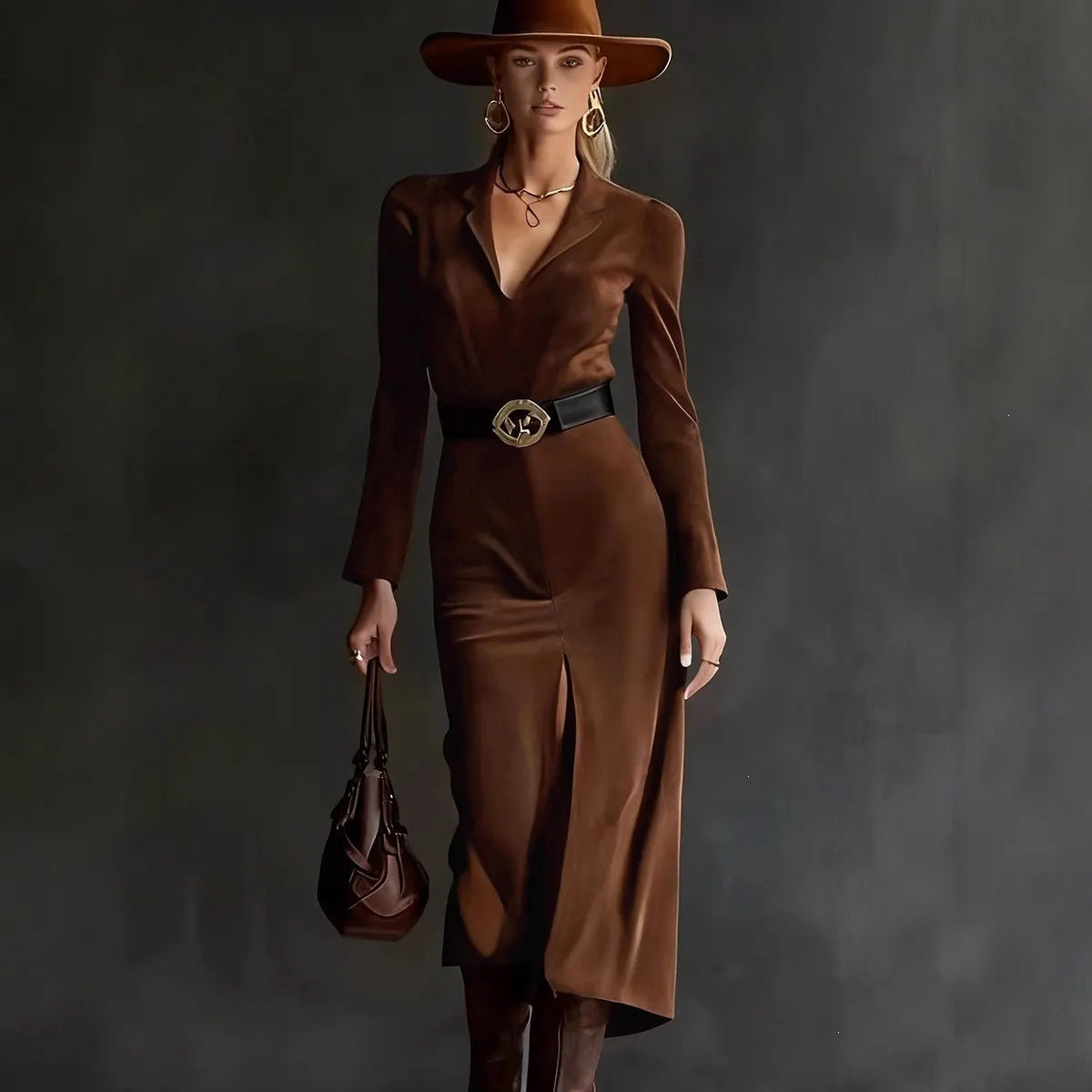 Brown Suede Lapel Long Sleeve Midi Dress With Belt