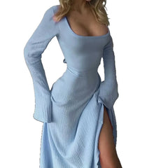 Solid Color Square Neck Flare Long Sleeve High Waist Slit A-Line Maxi Dress