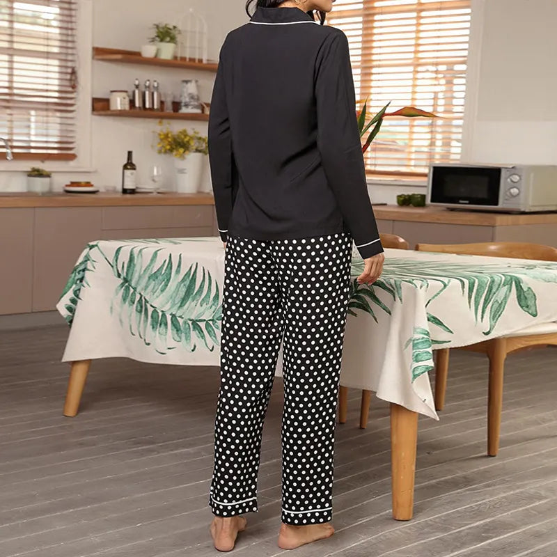 Black White Polka Dot Print 2 Piece Sleepwear Set Notch Collar Long Sleeve Shirt Drawstring Pants