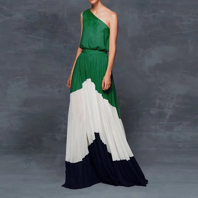 One Shoulder Color Block Printed Maxi Dress