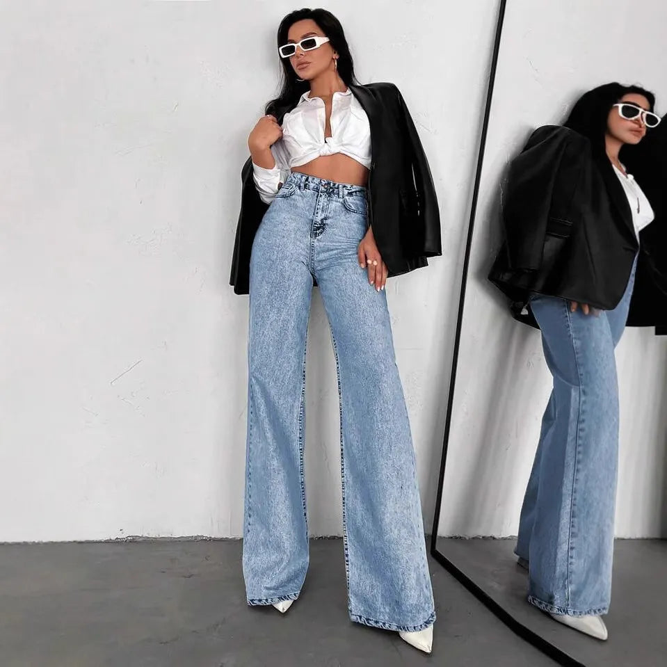 Acid Wash High Waist Wide Leg Denim Jeans