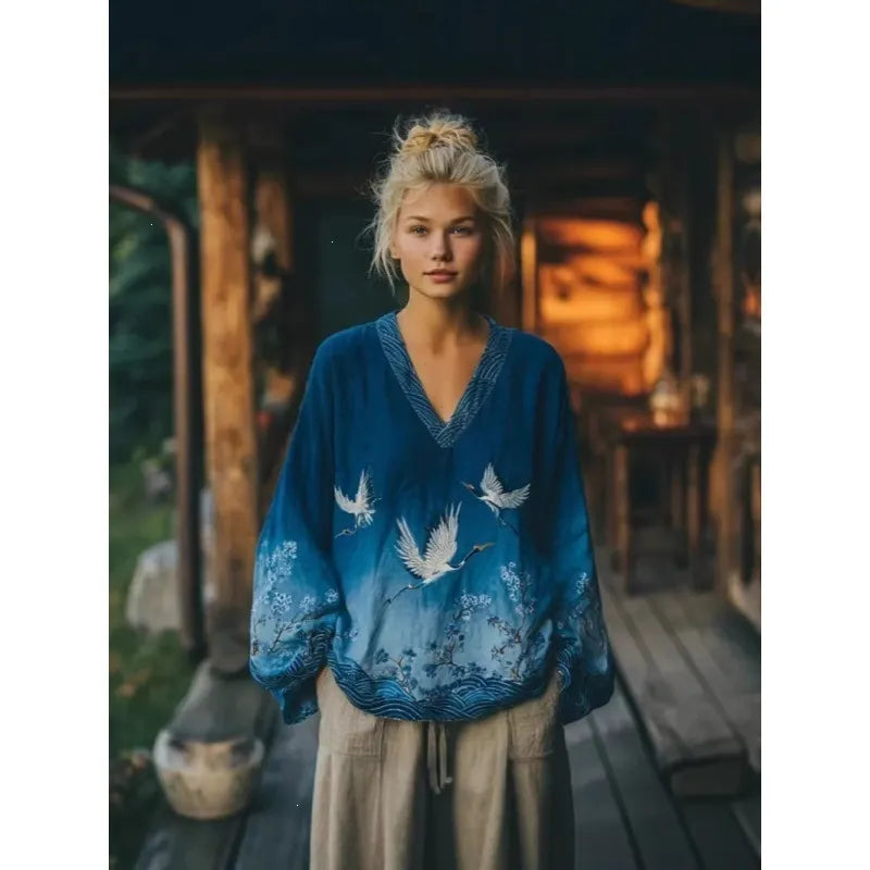 3D Digital Print V-Neck Lantern Long Sleeve Retro Casual Blouse