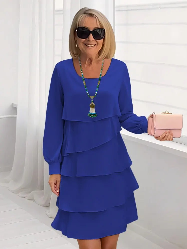 Solid Color Tiered Ruffle Long Sleeve Midi Dress