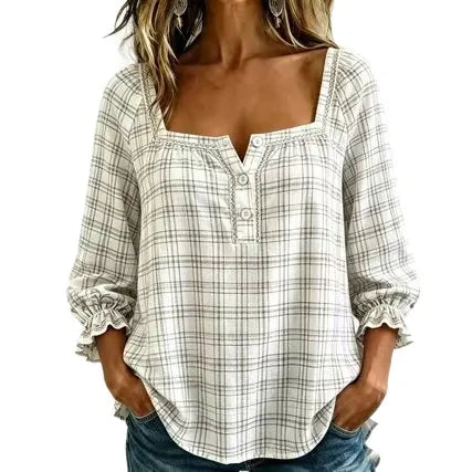 Plaid Square Neck Button Front Bubble 7/4 Sleeve Loose Casual Blouse