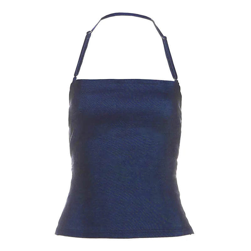 Vintage Washed Denim Halter Square Neck Slim Fitted Tank Top