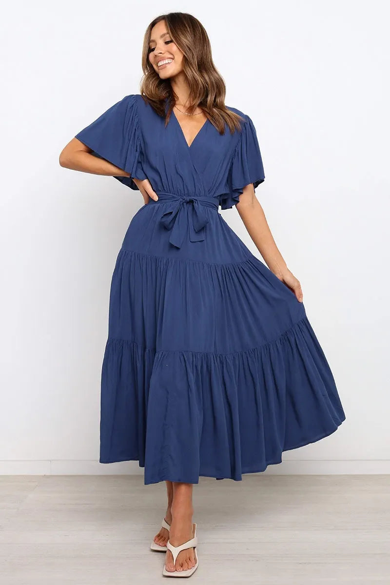 V Neck Flutter Short Sleeve Belted Tiered Maxi Swing Dress