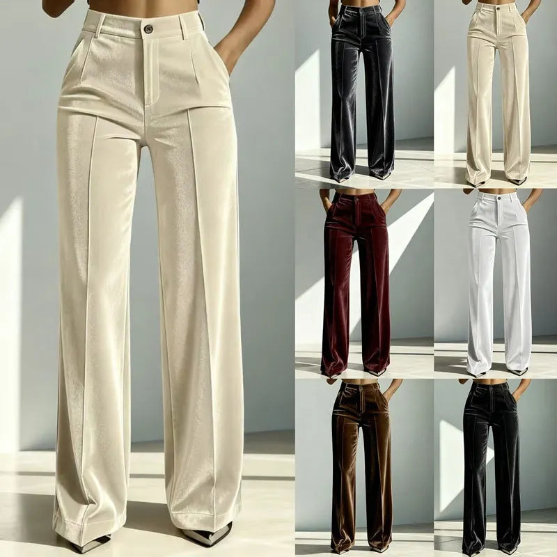 Mid-High Waist Golden Velvet Straight Leg Suit Pants