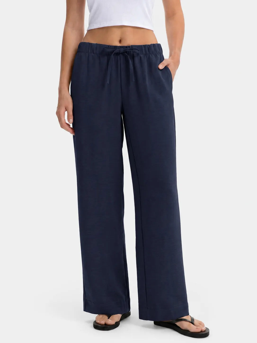 Drawstring Elastic Waist Wide Leg Casual Long Pants Solid Color Loose Trousers