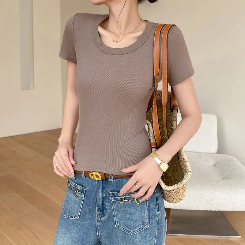 Solid Color Ribbed U-Neck Short Sleeve Loose T-Shirt