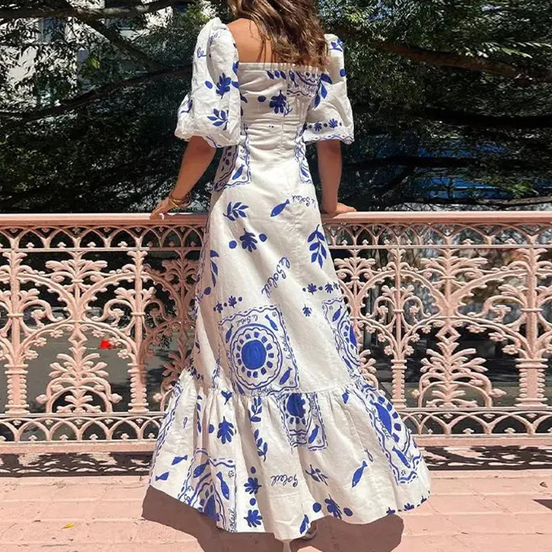 Print Square Neck Puff Sleeve Maxi Dress