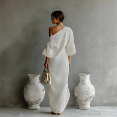 One Shoulder Puff Long Sleeve Ruched Irregular Hem Solid Maxi Dress