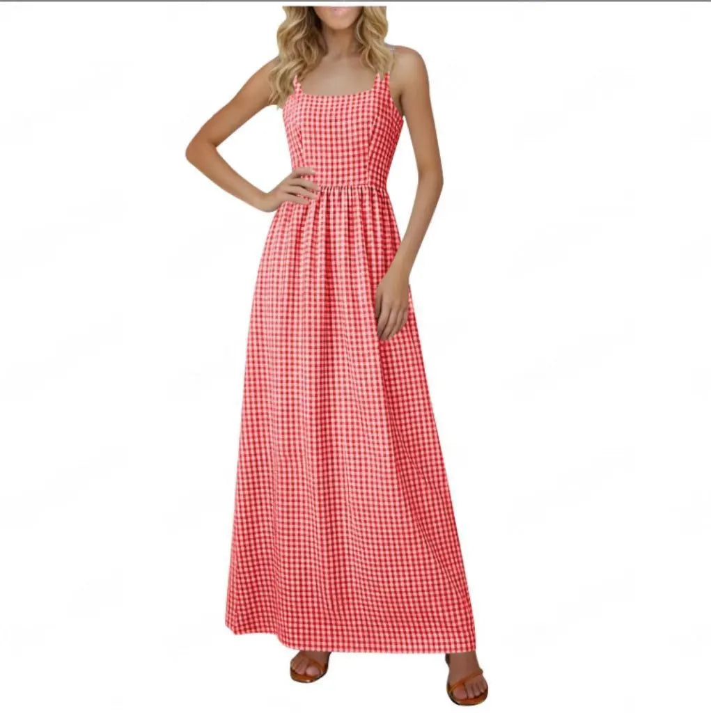 Square Neck Sleeveless Gingham Print Loose A-Line Maxi Dress