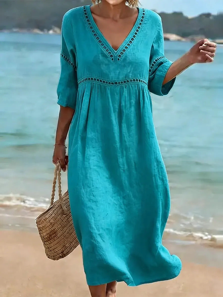 Deep V Neck Embroidery Trim Loose Cotton Linen Pull Pleat Maxi Dress