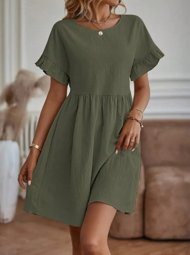 Crew Neck Ruffle Short Sleeve Mid Waist Loose A-Line Cotton Linen Mini Dress