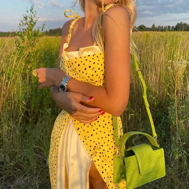 Polka Dot Colorblock High Waist Sleeveless Midi Dress
