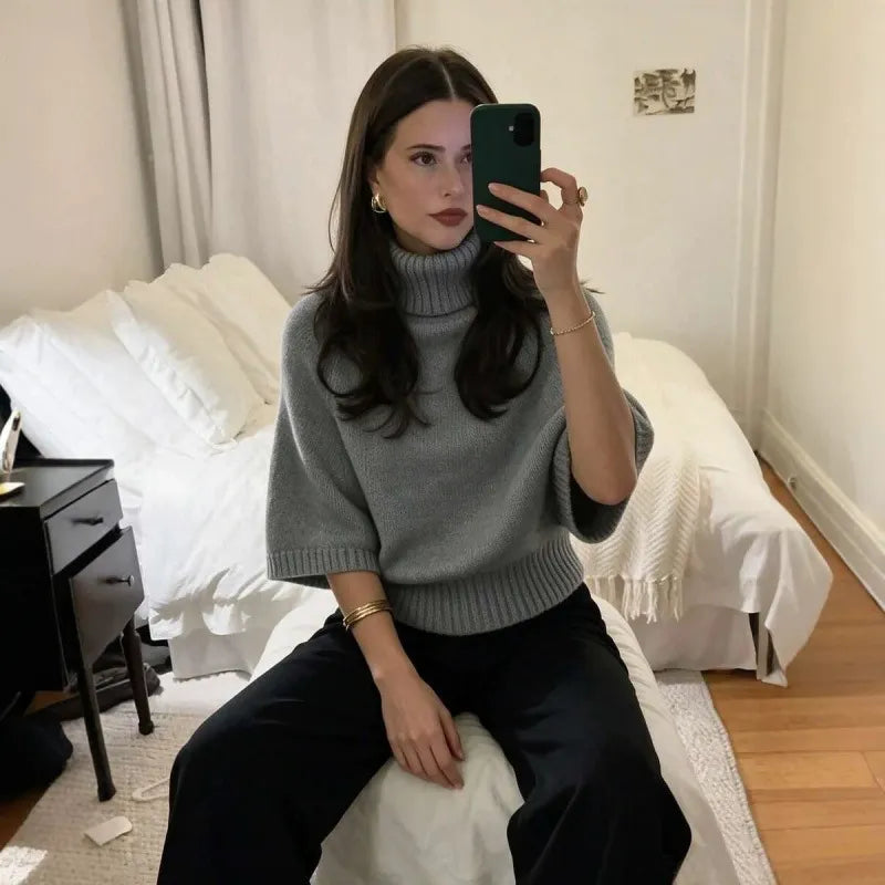 Oversized Chunky Knit Turtleneck Jumper Ladies Drop Shoulder Puff Sleeve Sweater, Long Sleeve / 5 Point Sleeve