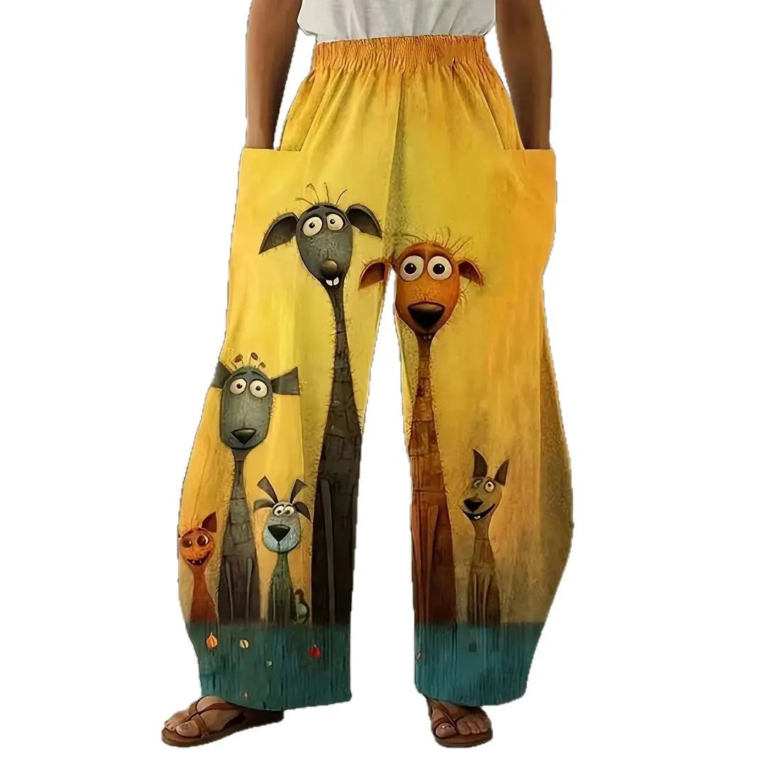 Printed Flare Work Pants | Mid Waist Doodle Heart Print Loose Wide Leg Casual Trousers