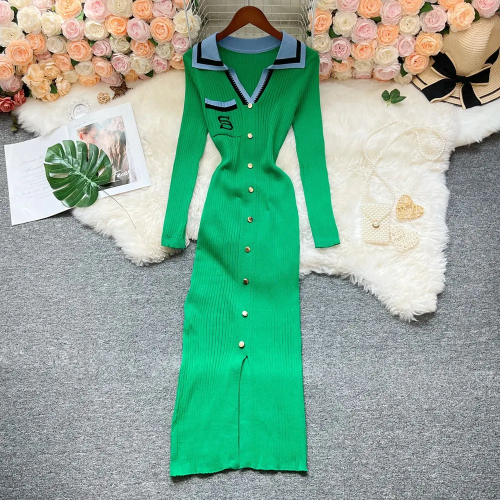 Contrast Collar Embroidered Knit Bodycon Midi Dress