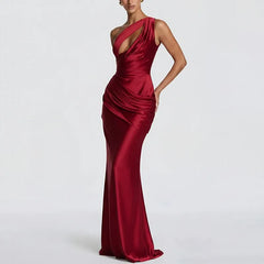 One Shoulder Cutout Satin Mermaid Evening Maxi Dress