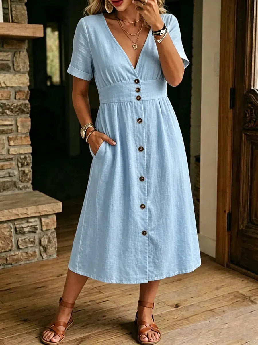 V-Neck Button Front Short Sleeve Midi Dress