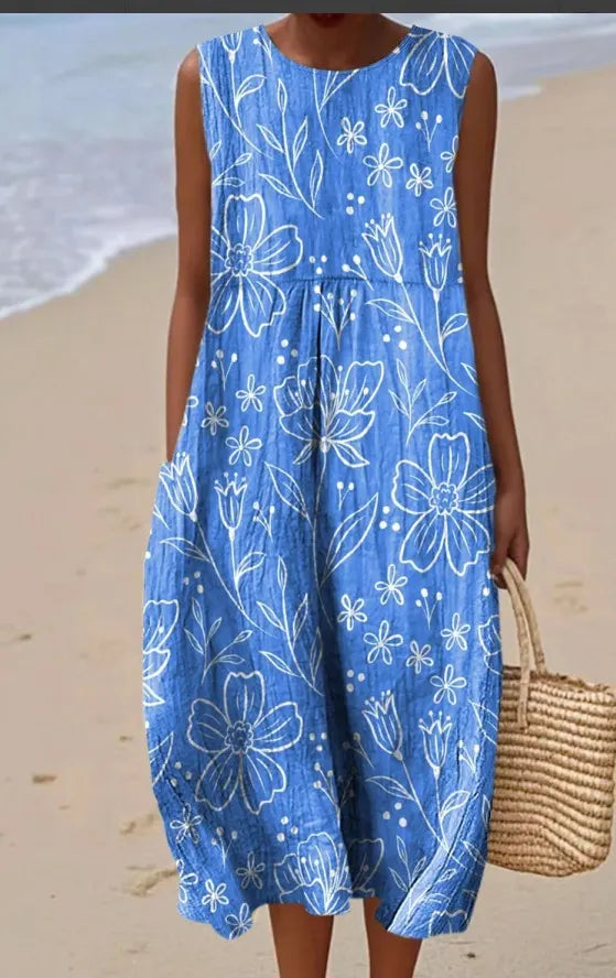 Round Neck Sleeveless 3D Floral Print Loose A-Line Midi Dress