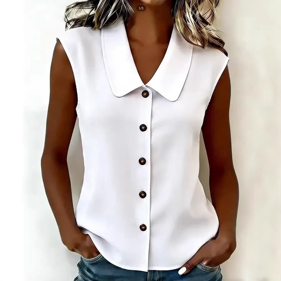 Solid Color Sleeveless V-Neck Button Down Blouse