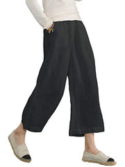 Navy Elastic High Waist Linen Cropped Wide Leg Pants