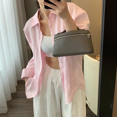 Solid Linen Oversized Collar Long Sleeve Pocket Shirt