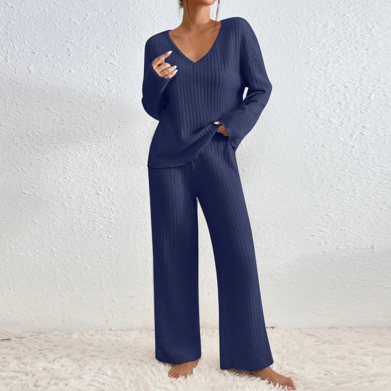 Ribbed Knit V Neck Long Sleeve Top and Wide Leg Pants 2 Piece Loungewear Set