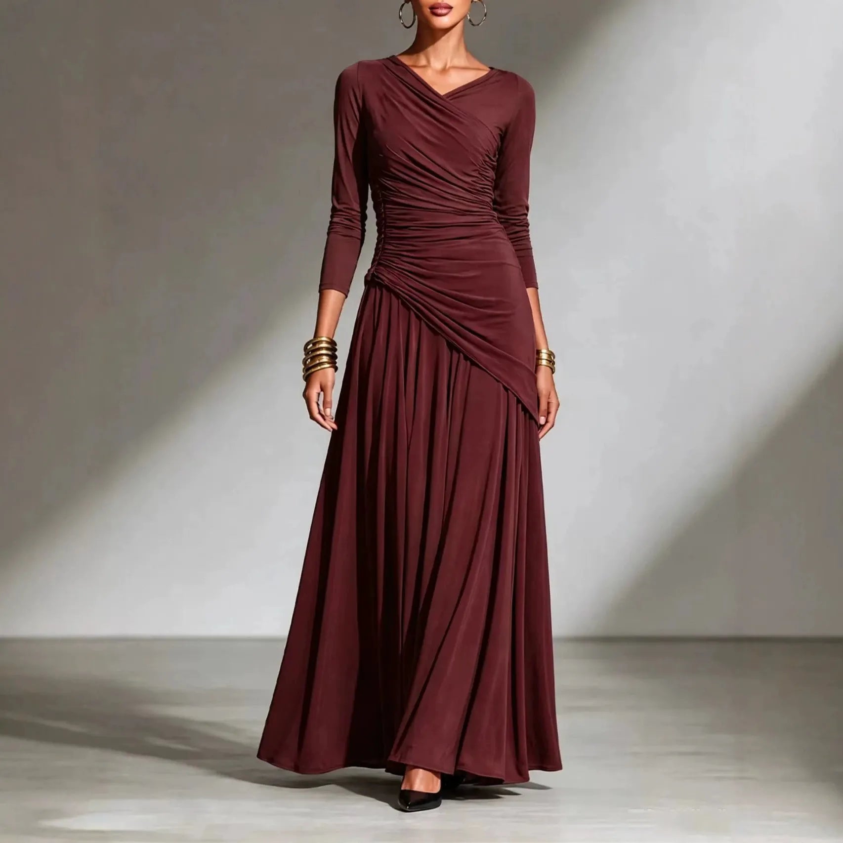 Elegant Long Sleeve Maxi Dress, Surplice V Neck Side Ruched Asymmetrical Flowy Gown