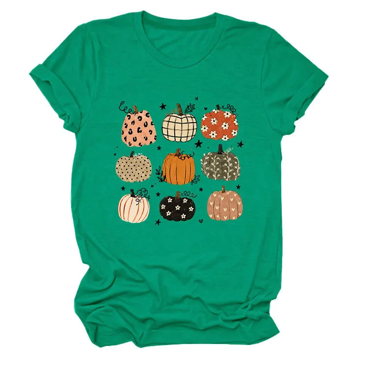 Leopard Floral Plaid Pumpkin Casual Short Sleeve Tee