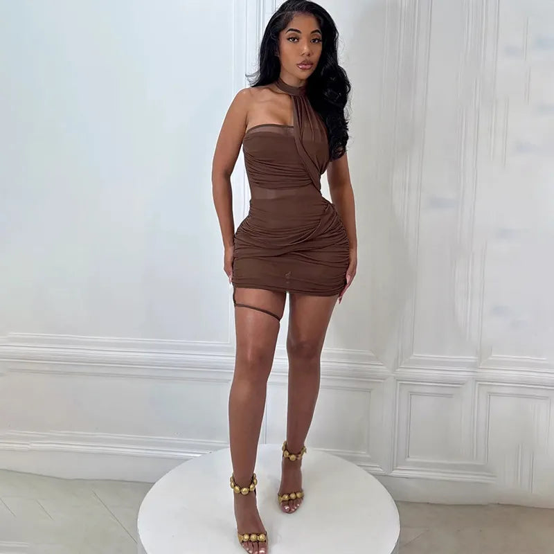 Mesh Ruched Halter Mini Dress
