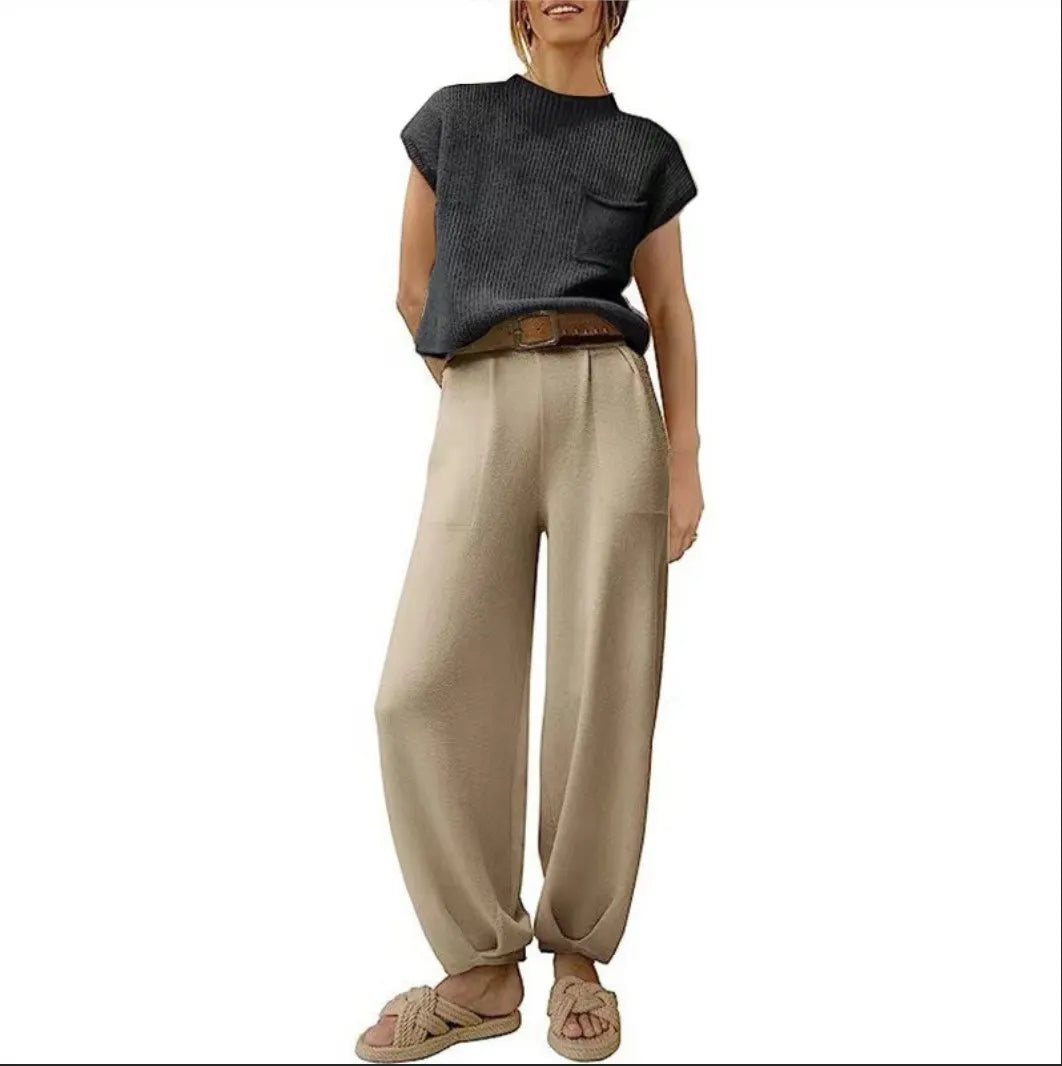 White Knit Short-Sleeve Top & Khaki High-Waisted Pants Two-Piece Set