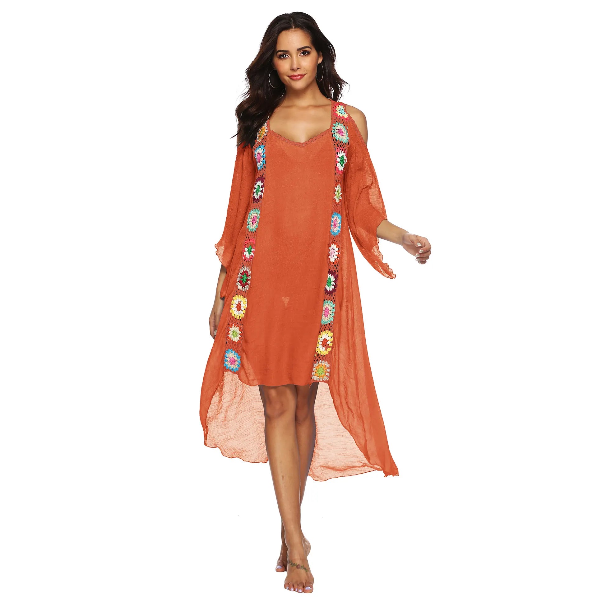 Colorful Crochet Irregular Cold Shoulder Cover-Up Dress