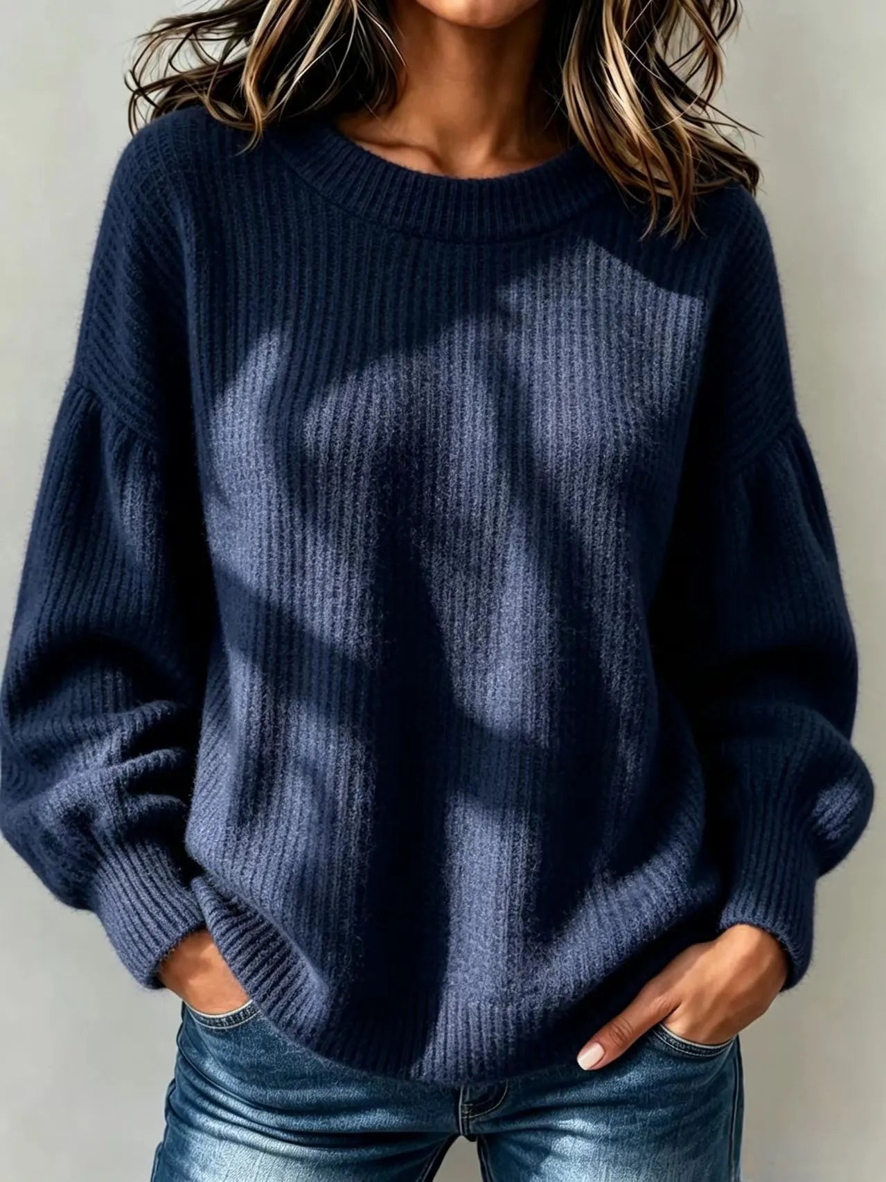 Balloon Sleeve Ribbed Hem Casual Knit Top