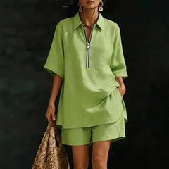White Half-Zip Shirt & Shorts Linen Set