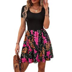 Color Block Floral U-Neck Short Sleeve A-Line Mini Dress High Waist Casual Campus Daily Dress