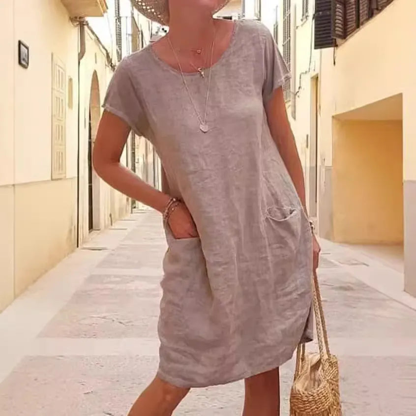 Solid Color Cotton Linen Short Sleeve Midi Dress,