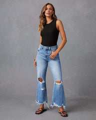 High Waist Frayed Raw Hem Distressed Denim Pants