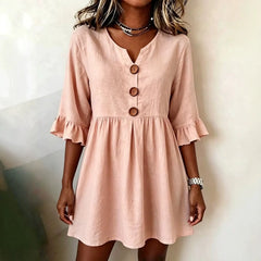 V-Neck Wooden Button Ruffle 3/4 Sleeve Loose Pleated Mini Dress